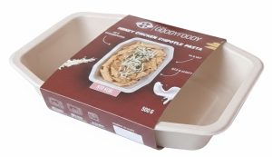 Professioneel bedrukte kartonnen maaltijdsleeve van The Goodyfoody voor diepvriesmaaltijden, uitgevoerd in diepbruin met witte opdruk en productfoto. Deze op maat gemaakte wikkelverpakking is geproduceerd door Drukkerij Van der Louw in Berkel en Rodenrijs, beschikbaar in standaardmaten zonder stanskosten voor zowel creatieve starters vanaf 50 stuks als voor volumeproducties tot 10.000+ stuks.