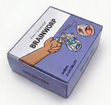 Een compacte, op maat gemaakte kartonnen speldoos voor het spel Brainworp, geproduceerd door Drukkerij Van der Louw. De paarsblauwe verpakking heeft een wit bovenstuk met de titel 'Brainworp' in een strak, zwart lettertype. De illustratie toont een hand die dobbelstenen werpt, vergezeld van de tekst 'Dobbel je ideeën los!'. Deze stevige spelverpakking met scharnierdeksel is uitgevoerd met een hoogwaardige full-color bedrukking en scherpe vouwlijnen. De doos is vrijstaand gefotografeerd tegen een lichte achtergrond, wat de professionele afwerking en het creatieve ontwerp van dit bordspel-doosje benadrukt.