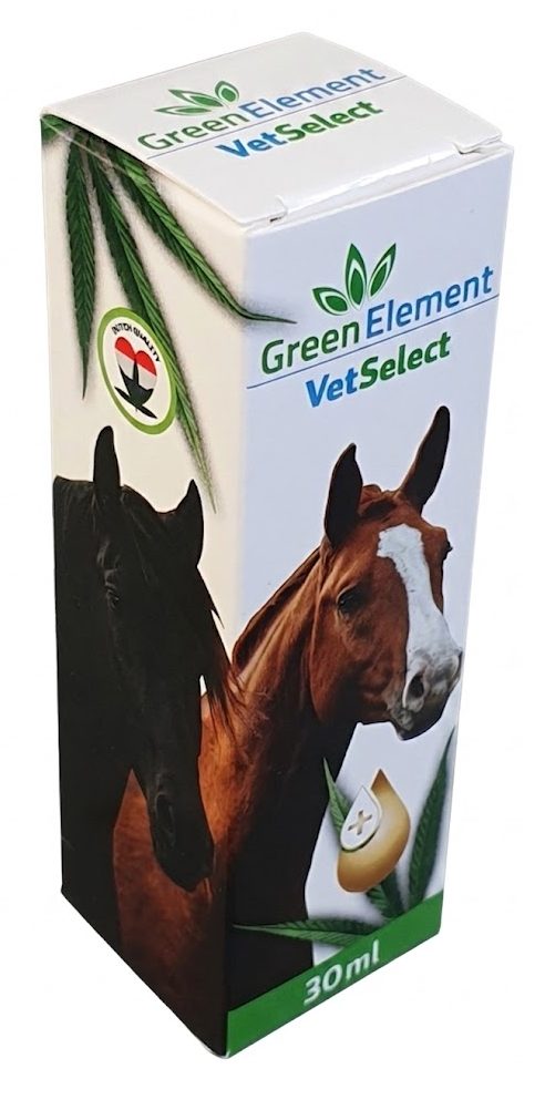 Vrijstaand rechtopstaand medicijndoosje van 30ml voor veterinaire supplementen. Wit vouwdoosje met een haarscherpe full colour bedrukking van twee paardenhoofden, groene cannabisbladeren en het Green Element VetSelect logo.