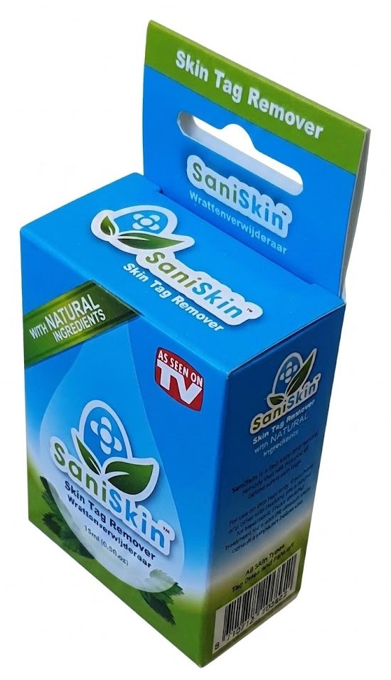 Een blauw-groen bedrukt hangend doosje voor SaniSkin cosmetica, voorzien van een Euroloch ophangoog en hoogwaardige full-colour bedrukking. Deze kartonverpakking voor huidverzorging is een voorbeeld van de op maat gemaakte hangende doosjes van Drukkerij Van der Louw, ambachtelijk geproduceerd in Berkel en Rodenrijs sinds 1966