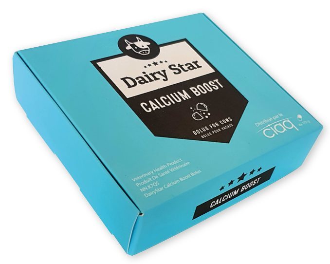 Een vierkant, stevig diergeneesmiddelen doosje van gecoat vouwkarton in een heldere, hemelblauwe kleur voor het merk Dairy Star Calcium Boost. Centraal op de deksel is een opvallend zwart schild-logo gedrukt. Bovenin dit logo staat een minimalistische, ronde zwart-witte cartoonillustratie van een lachende koeienkop, met daaronder een boog van vijf witte sterren en de merknaam