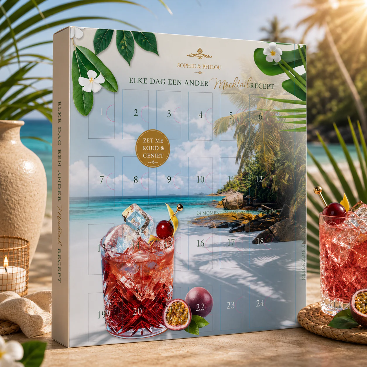 Bedrukte adventsdoos zomerthema met 24 mocktail recepten voor Sophie & Philou van Wagemakers Koffie Thee Cadeau, tropisch strandlandschap met palmbomen, full color bedrukking op wit karton, gemaakt en gevuld door Drukkerij Van der Louw Berkel en Rodenrijs