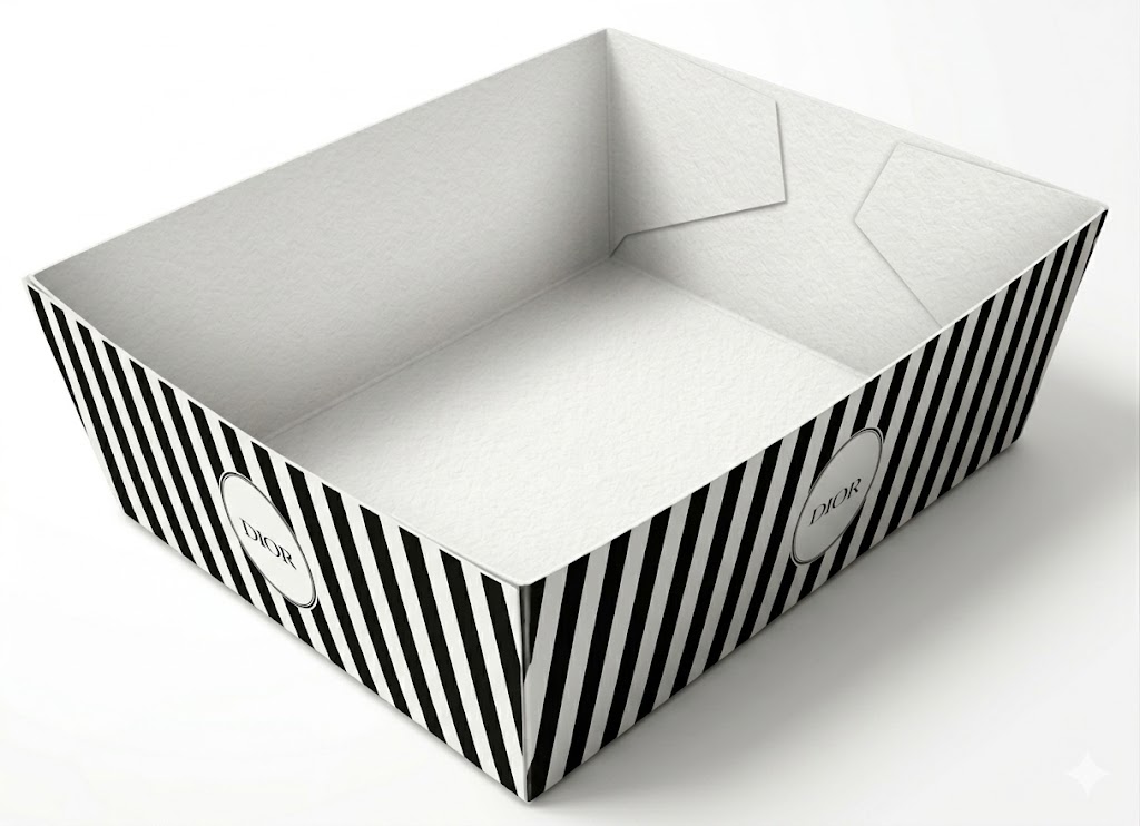 Gepersonaliseerd snackbakje van stevig wit karton, rondom bedrukt met een strak diagonaal strepenpatroon en merklogo. Hoogwaardige kwaliteit rechtstreeks uit eigen drukkerij, ideaal voor een professionele presentatie.