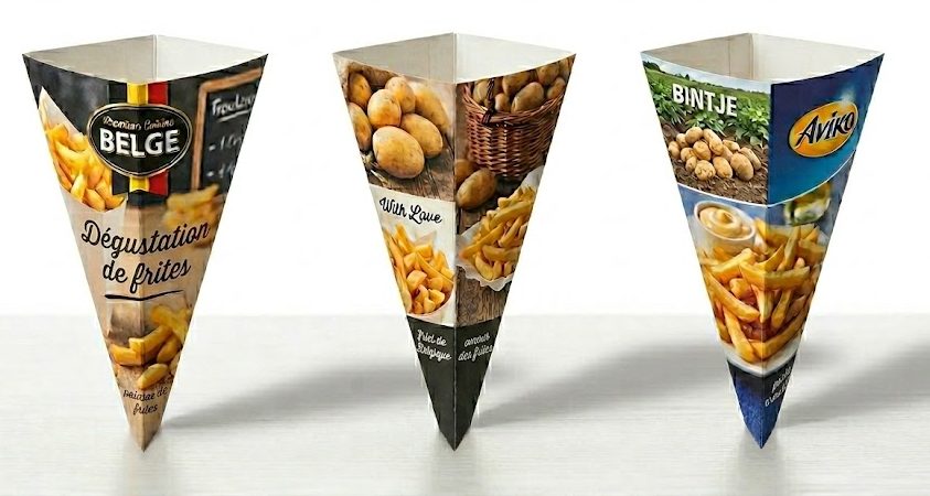 Gepersonaliseerde kleine kartonnen bakjes bedrukt met logo in full color in puntvorm voor instore sampling, perfect om winkelend publiek op een professionele manier te laten proeven tijdens productpromoties. Duurzame snackverpakking bedrukt met Cradle to Cradle