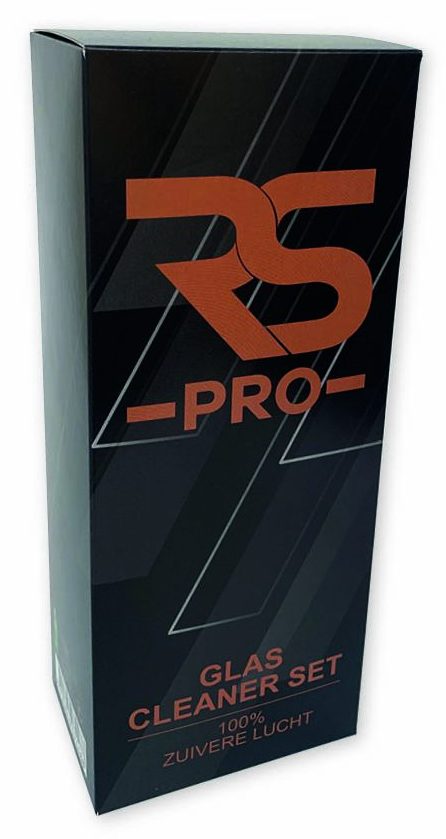 Doosje met Zweedse bodem bedrukken voor professionele reinigingssets en automotive producten. Hoge kartonnen productverpakking in full-colour voor RS PRO Glas Cleaner Set met een strakke, industriële uitstraling die zorgt voor maximale attentiewaarde op het winkelschap.