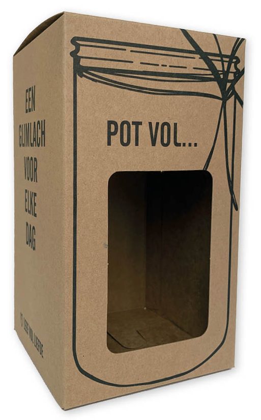 Doosje met Zweedse bodem bedrukken van natuurlijk bruin kraftkarton voor geschenken en duurzame retailproducten. Een stevige kartonnen geschenkverpakking met een creatief uitgesneden open venster en een strakke zwarte bedrukking voor een ambachtelijke, biologische merkuitstraling. Dit staande, ecologische productdoosje is minimalistisch zwart bedrukt met de illustratie van een glazen weckpot waarin een rechthoekig venster is uitgestanst.