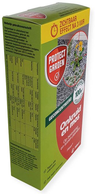 Doosje met Zweedse bodem bedrukken voor retailproducten in de tuinbranche. Staande kartonnen productverpakking in full-colour voor Protect Garden Onkruid en mosbestrijding met een opvallend schapontwerp en duidelijke consumenteninformatie.