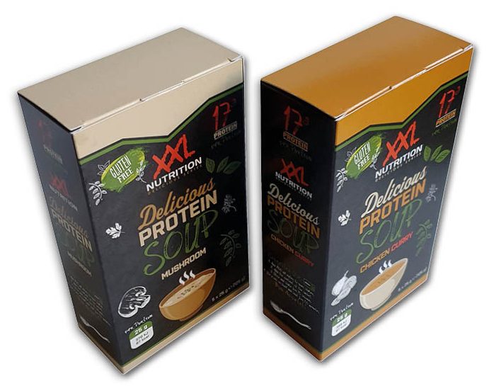 Doosjes met Zweedse bodem op maat bedrukt in full-colour voor XXL Nutrition Delicious Protein Soup. Twee stevige, staande vouwkarton productverpakkingen met een handmatige crash-lock sluiting en een insteekklep aan de bovenzijde.