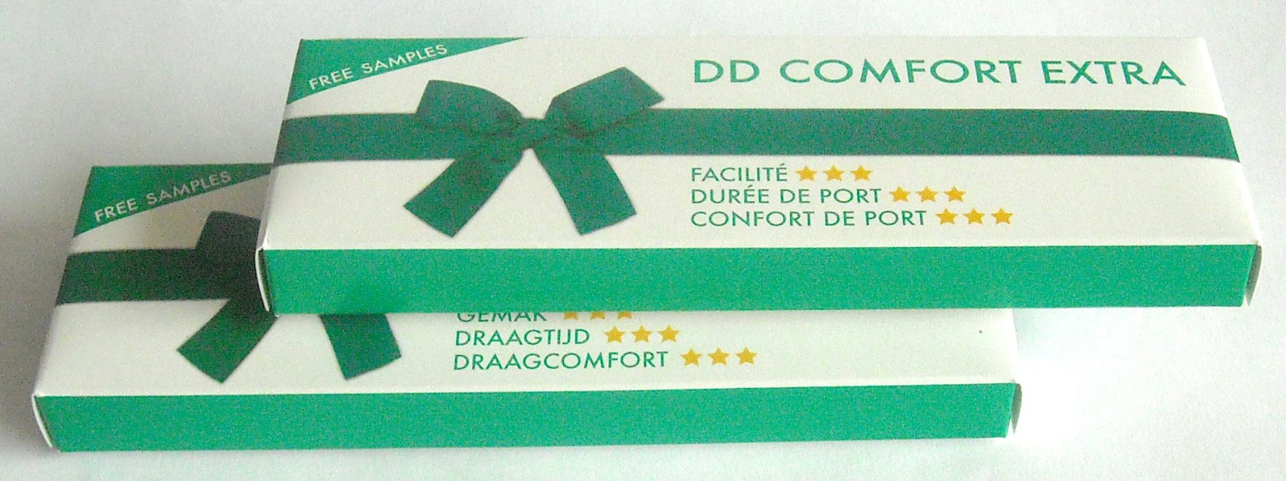 bedrukt medicijndoosje voor free samples in full color in groen en wit met strik