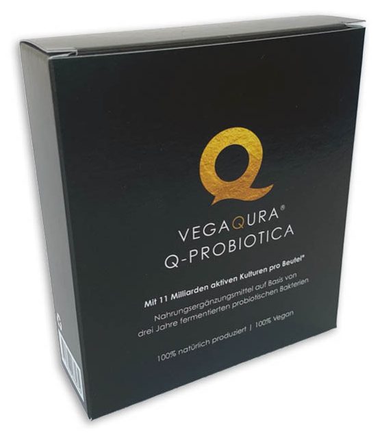 supplementenverpakking bedrukt in full color met laminaat, zwart met goudkleurig logo probiotica