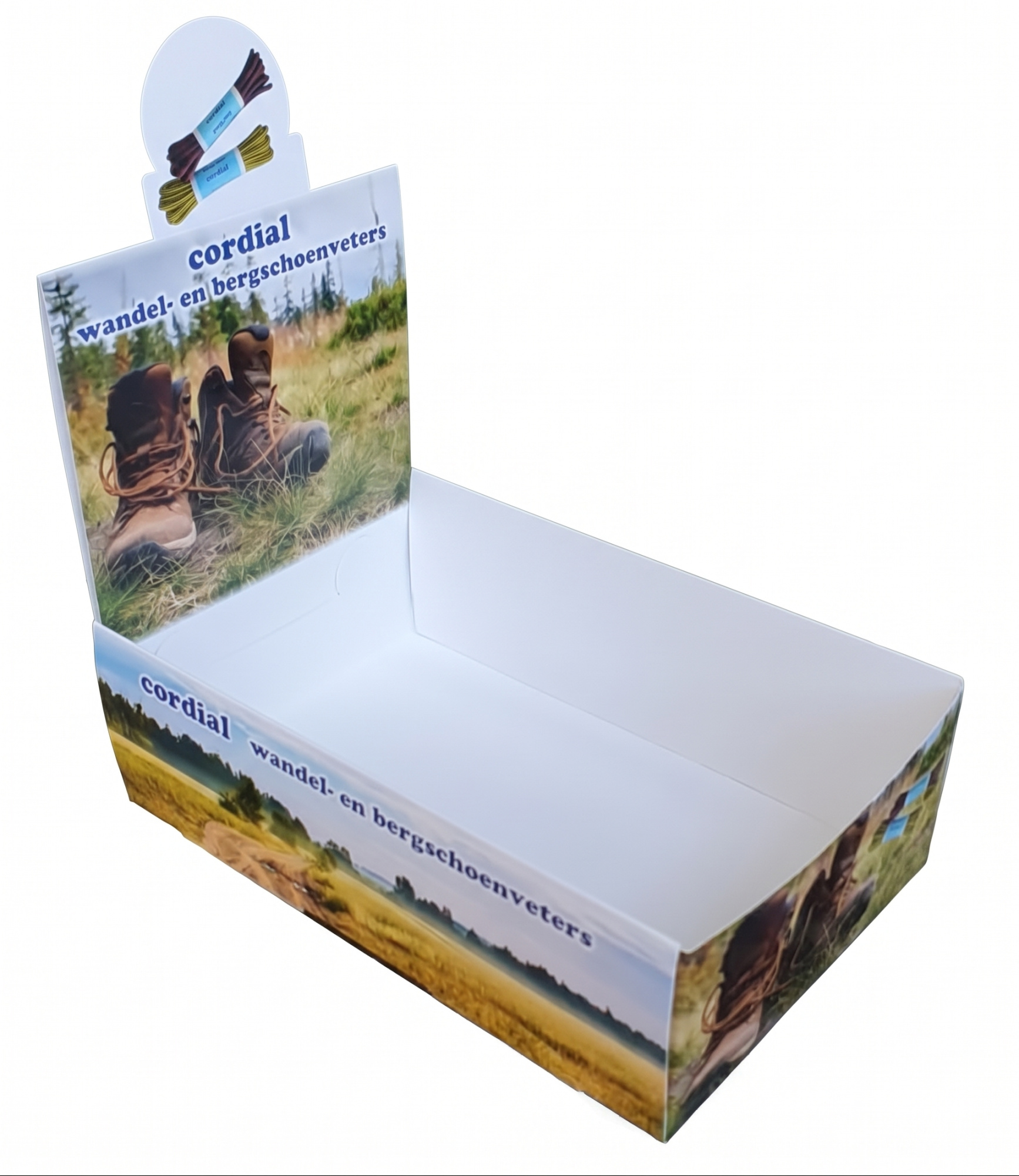 Op maat bedrukte kartonnen displaydoos in full color met het Cordial logo op de voorzijde en achterwand, en een opvallend cirkelvormig pop-up element aan de bovenzijde voor de presentatie van wandel- en bergschoenveters.