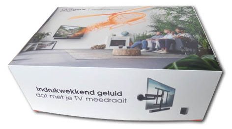 bedrukte doos met los deksel voor geluidssysteem voor tv in full color met logo