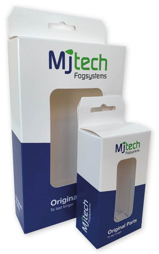 Twee bedrukte wit-blauwe kartonnen onderdelendoosjes in een groot en klein formaat met Euroloch-ophanglus en doorkijkvenster met logo MJtech Original Parts